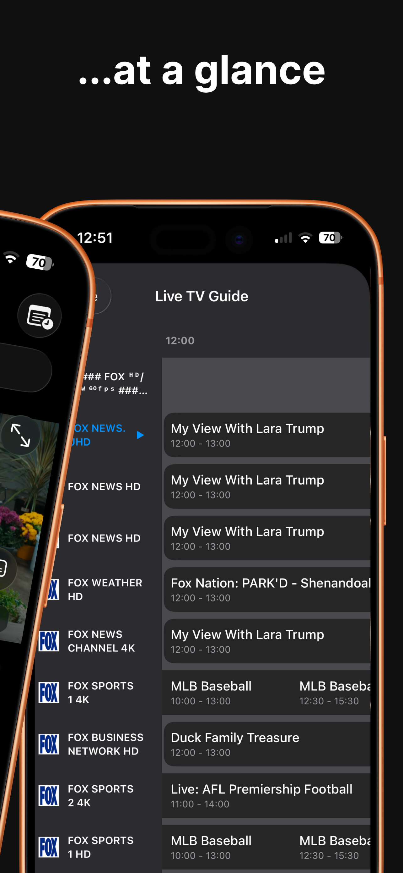 IPTV Pro EPG grid showing live TV guide with channels and programs at a glance